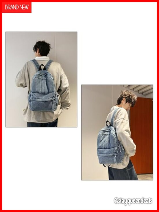 Vintage Distressed Denim Backpack, Y2K Preppy Casual Daypack, Lightweight main image 5